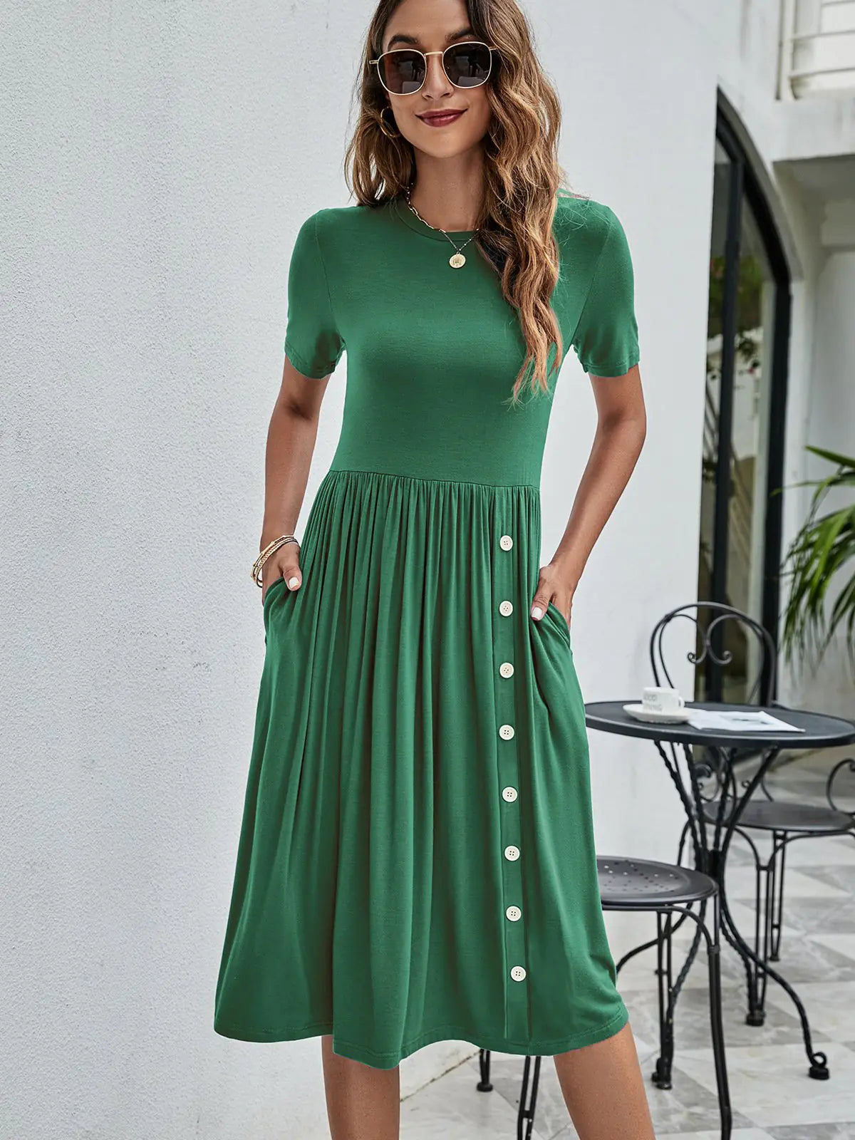 Solid Color Button Pocket Casual Women's Dress by Trendy Attic Store01