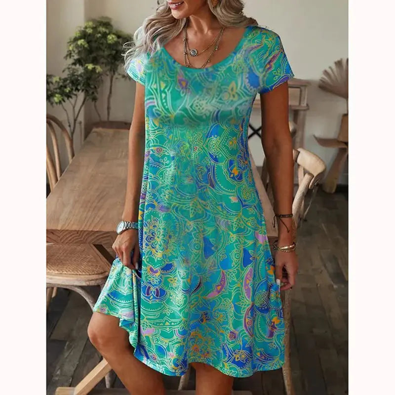 Loose Fit Printed Short Sleeve Dress by Trendy Attic Store01