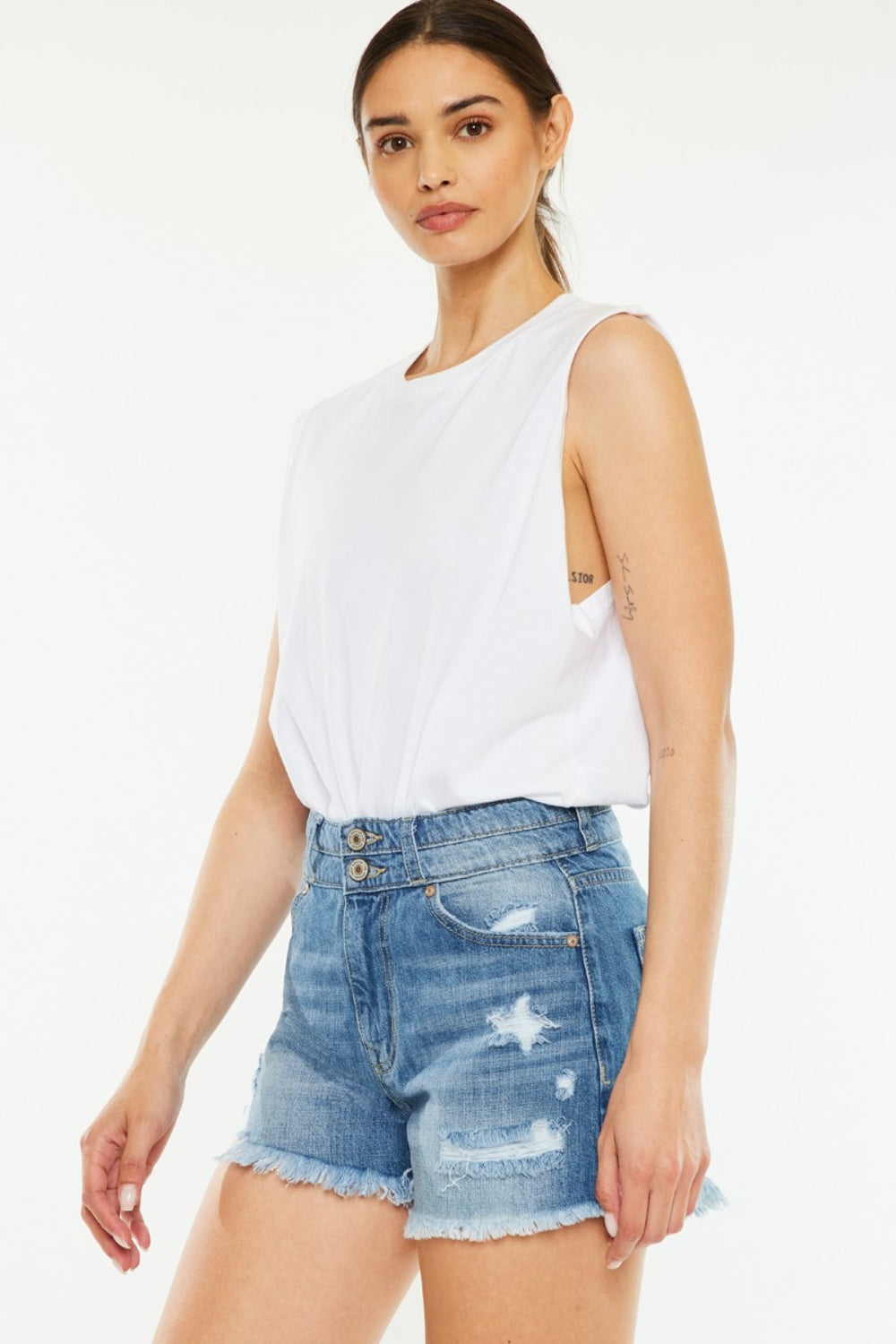 High Rise Raw Hem Blue Denim Shorts by Tigbul's Variety Fashion Shop