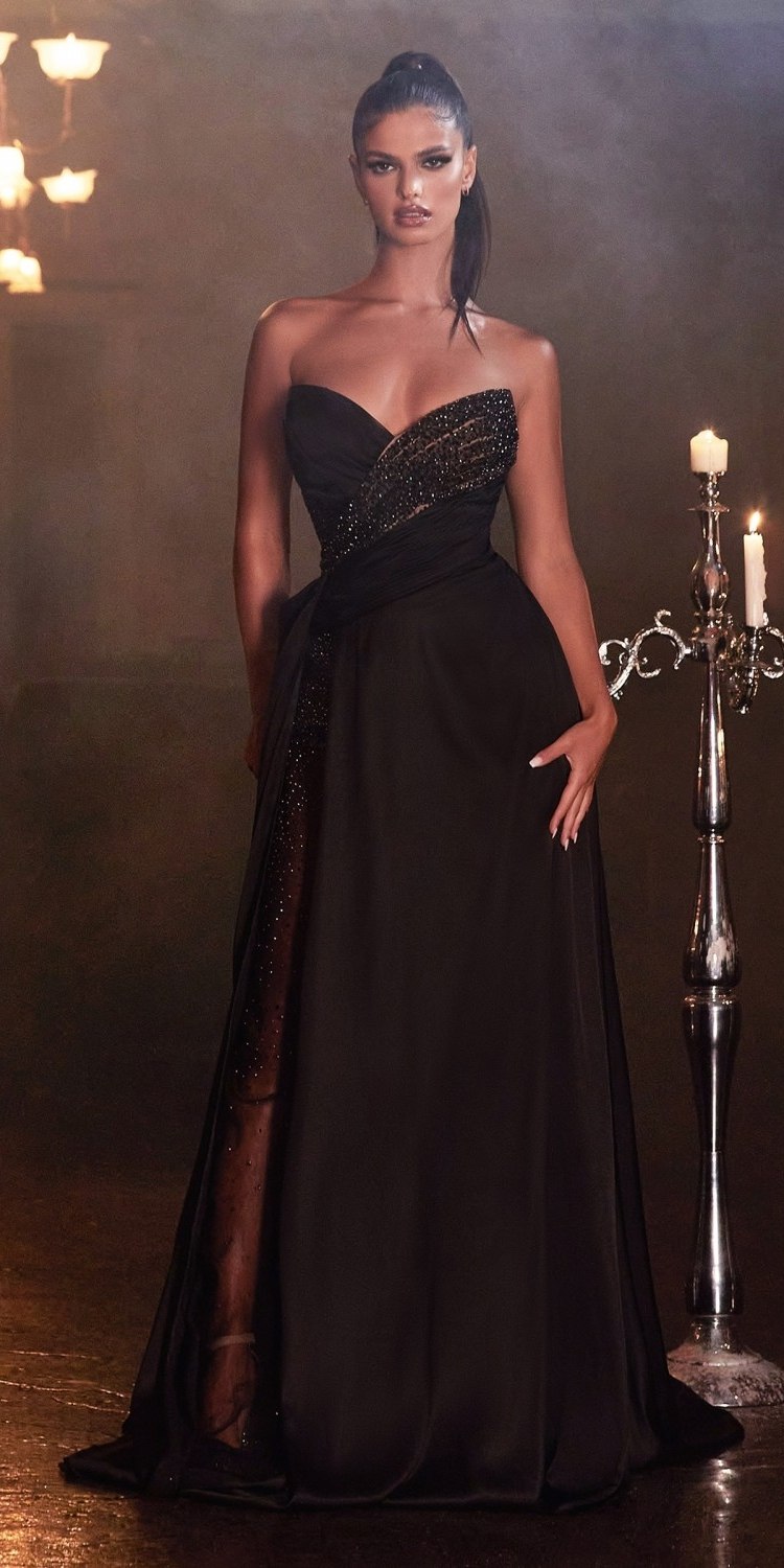 Cinderella Divine KV1059 Long Sheer Slit Embellished Strapless Gown by DiscountDressShop