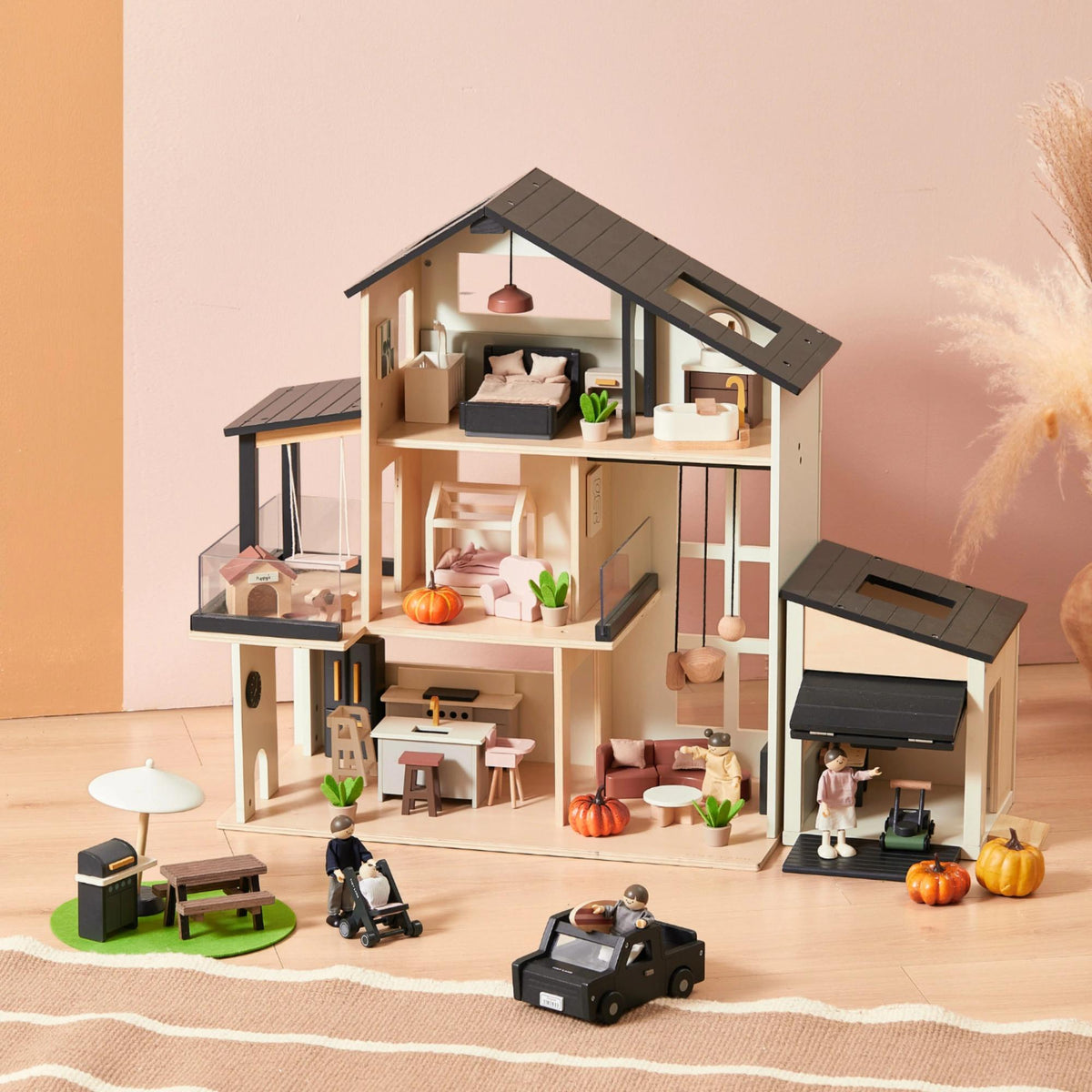 Sweet Family Gift Set: Black Dollhouse & Dollhouse Garage & Extra Dolls Set by Tiny Land INC