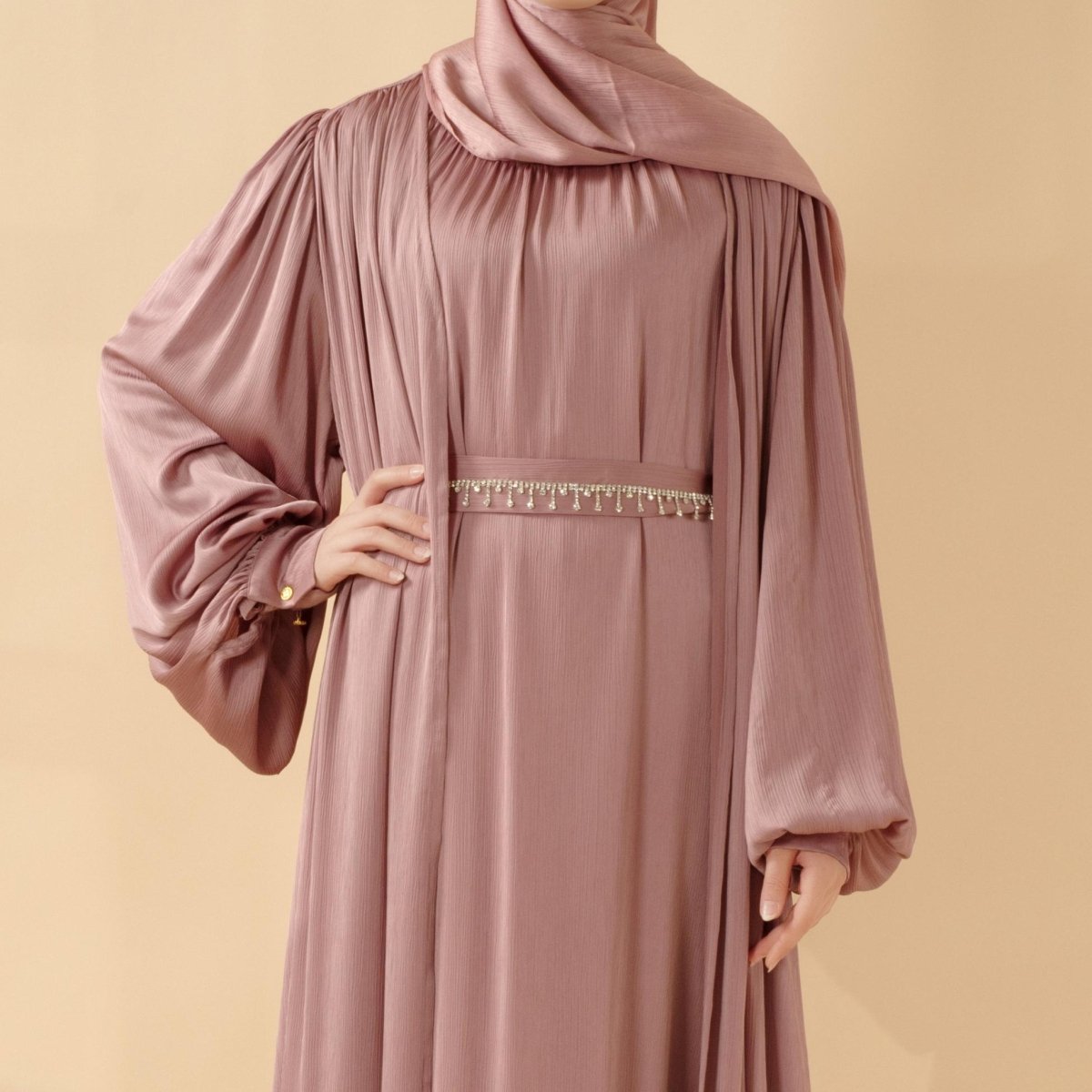 Lantern Sleeve Abaya, 4-Piece Set Large Pleated Sleeves Abaya (MOA084) by Mariam's Collection
