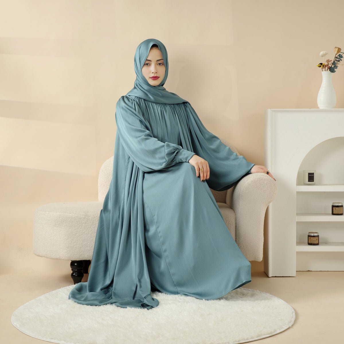Lantern Sleeve Abaya, 4-Piece Set Large Pleated Sleeves Abaya (MOA084) by Mariam's Collection