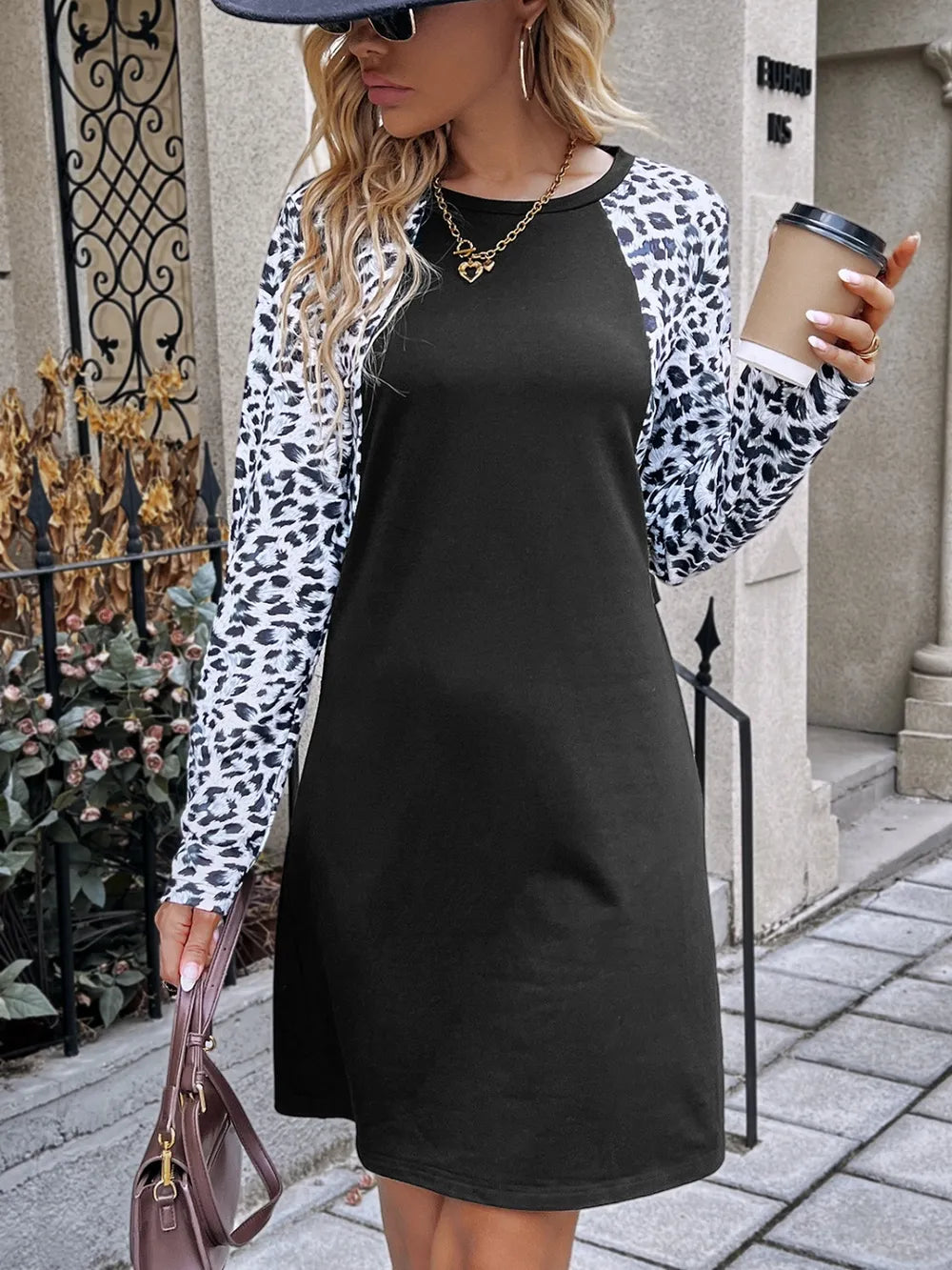 Leopard Round Neck Long Sleeve Dress by V.I.P Digital Presence
