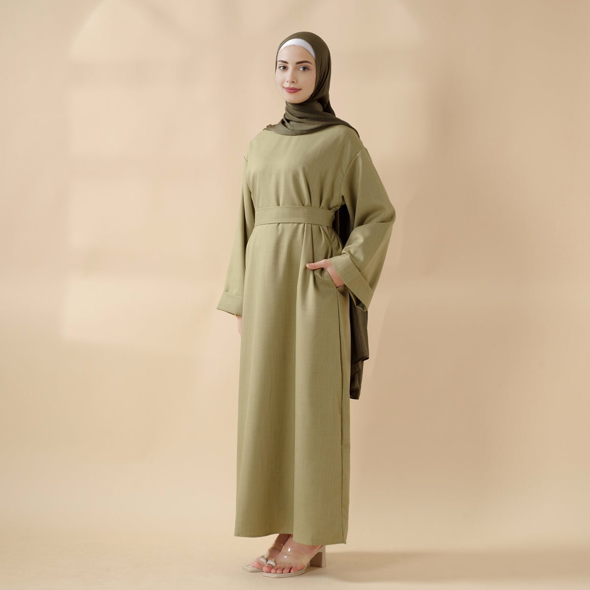 Linen Plain Abaya with Pockets 2-Piece Set (MA043) by Mariam's Collection
