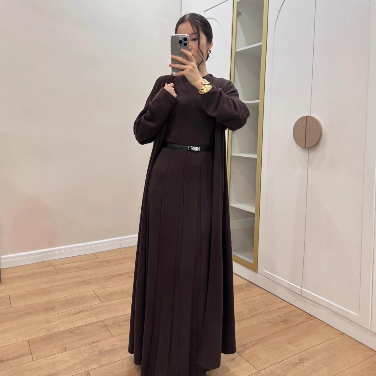 Long Open Cardigan & Pleated Dress Set(MS195) by Mariam's Collection
