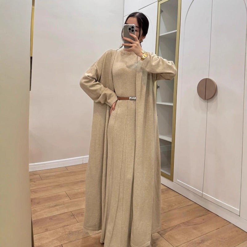 Long Open Cardigan & Pleated Dress Set(MS195) by Mariam's Collection