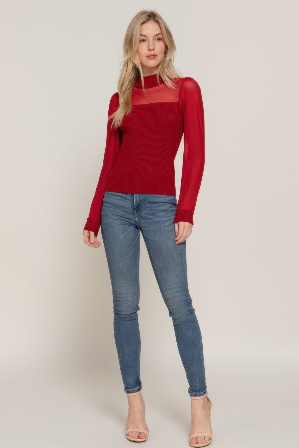 Long Sleeve Mesh Panel Detail Sweater Top by Tigbul's Variety Fashion Shop
