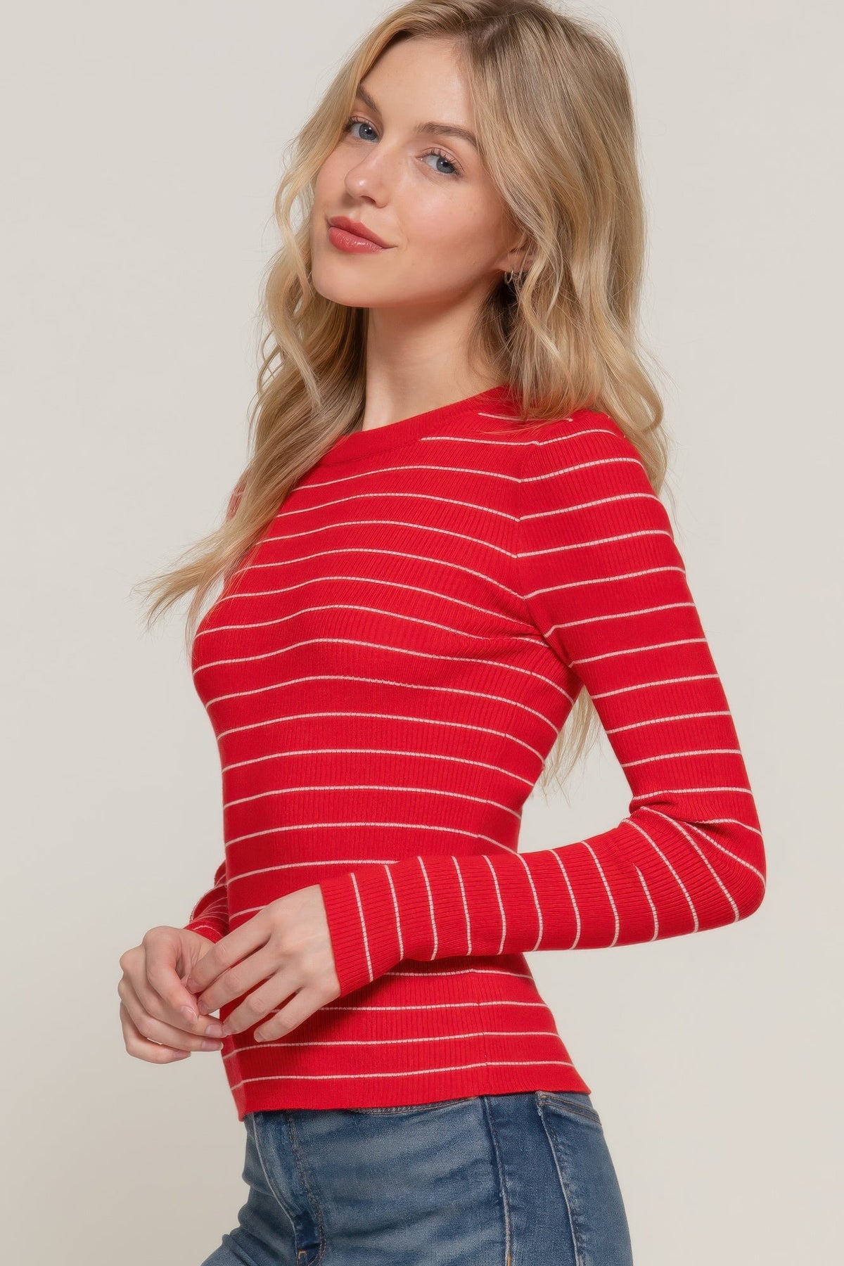 Long slv crew neck stripe sweater by Tigbul's Variety Fashion Shop