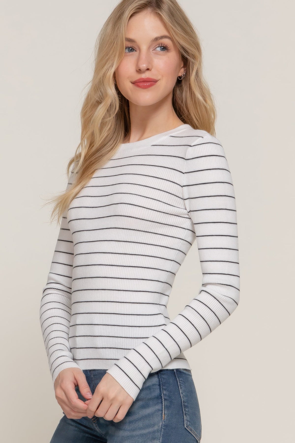 Long slv crew neck stripe sweater by Tigbul's Variety Fashion Shop