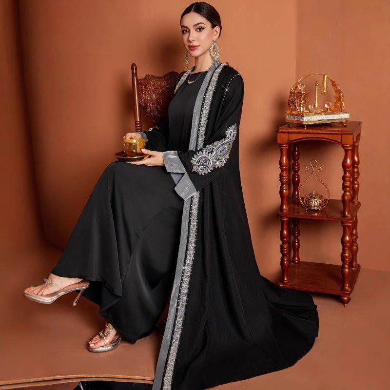 Luxury Embroidered Rhinestone Abaya | Open Front with Contrast Trim & Split Cuffs(MOA235) by Mariam's Collection