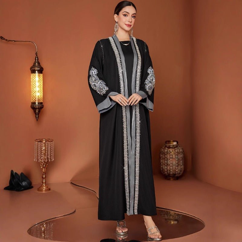 Luxury Embroidered Rhinestone Abaya | Open Front with Contrast Trim & Split Cuffs(MOA235) by Mariam's Collection