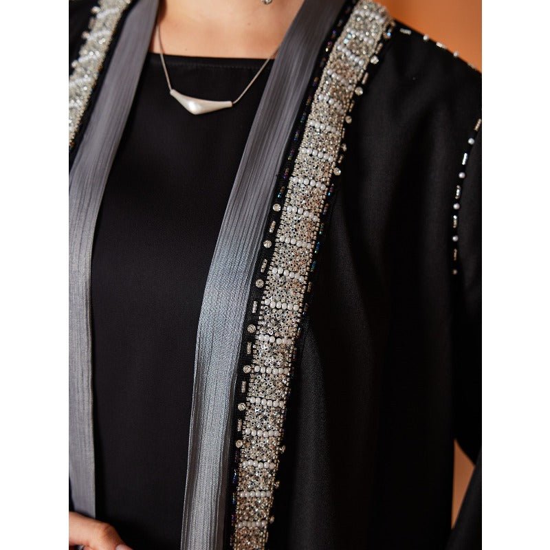 Luxury Embroidered Rhinestone Abaya | Open Front with Contrast Trim & Split Cuffs(MOA235) by Mariam's Collection