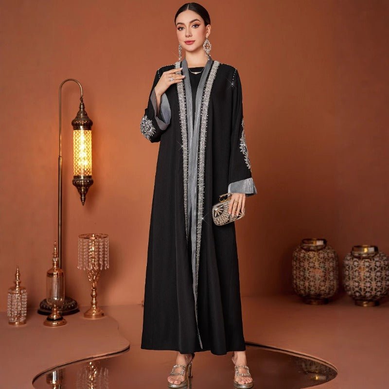 Luxury Embroidered Rhinestone Abaya | Open Front with Contrast Trim & Split Cuffs(MOA235) by Mariam's Collection