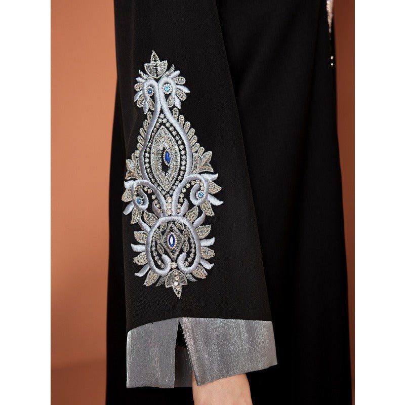 Luxury Embroidered Rhinestone Abaya | Open Front with Contrast Trim & Split Cuffs(MOA235) by Mariam's Collection