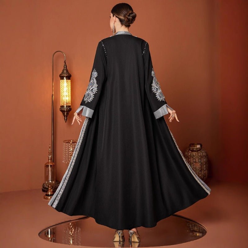 Luxury Embroidered Rhinestone Abaya | Open Front with Contrast Trim & Split Cuffs(MOA235) by Mariam's Collection