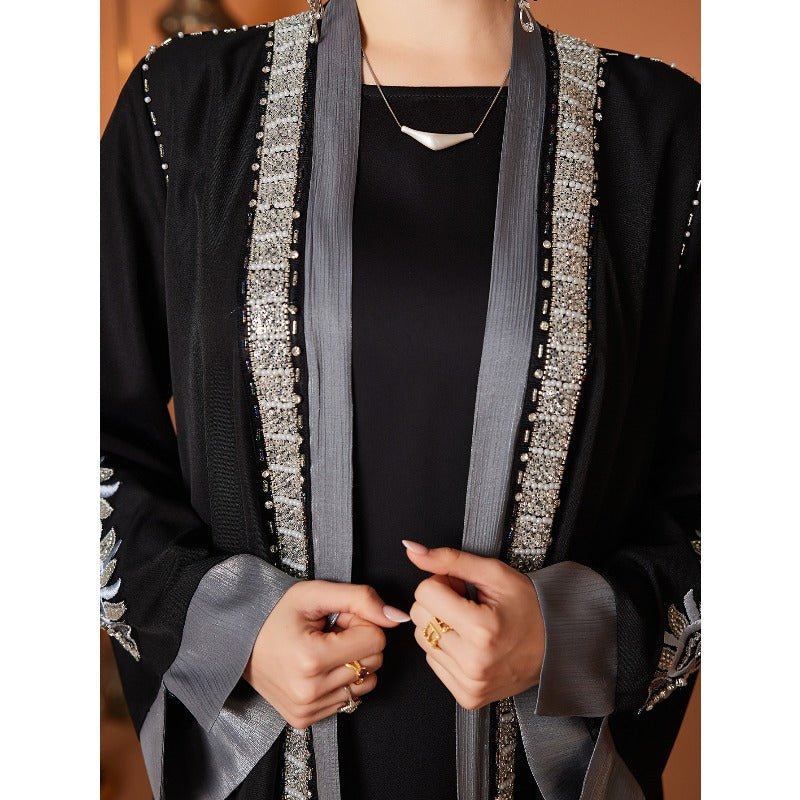 Luxury Embroidered Rhinestone Abaya | Open Front with Contrast Trim & Split Cuffs(MOA235) by Mariam's Collection
