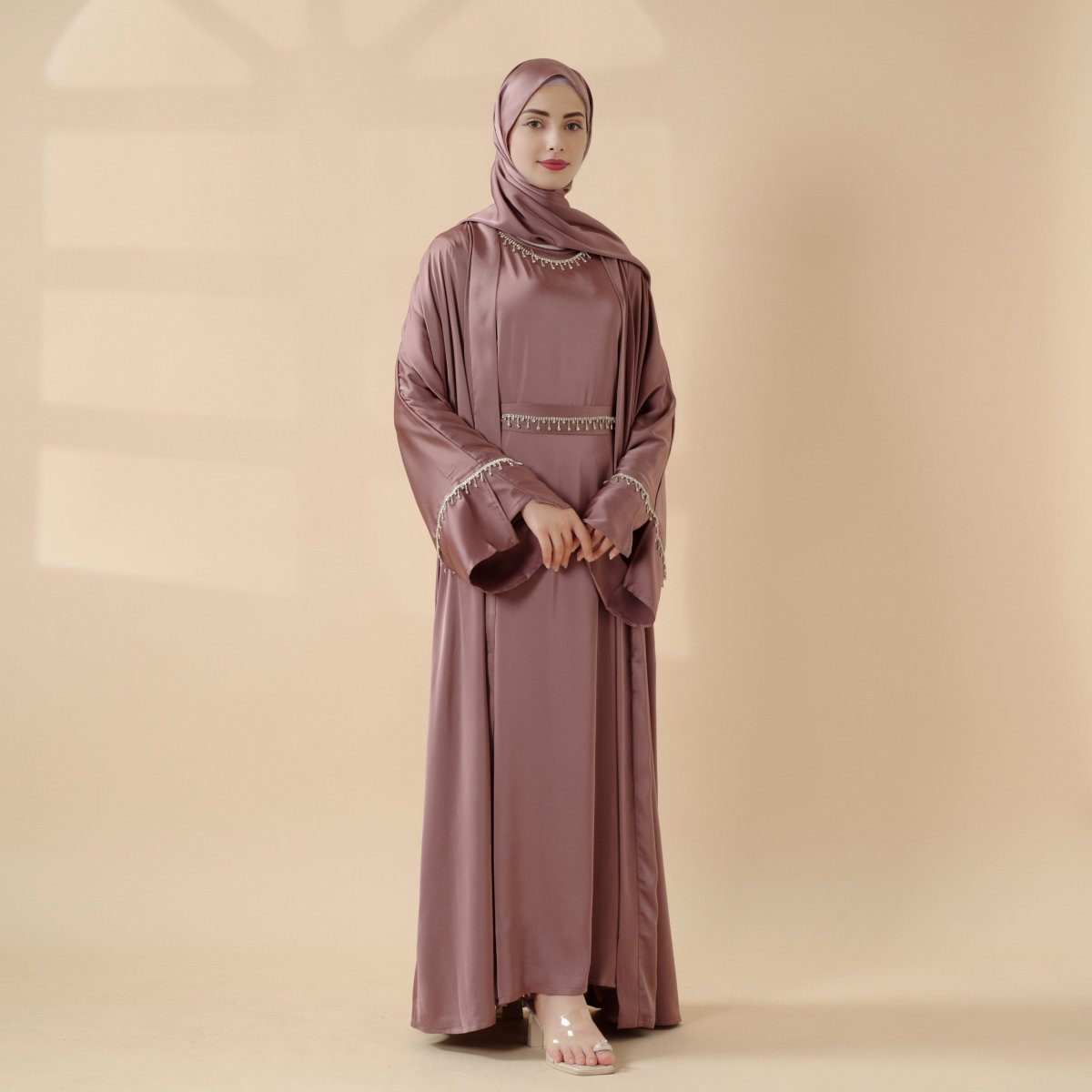 Luxury Satin Abaya With Diamond Tassels Belt, 6-Piece Set (MOA041) by Mariam's Collection