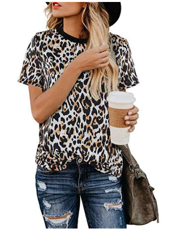 Leopard Print Round Neck Women's Short Sleeve T-Shirt by Trendy Attic Store01