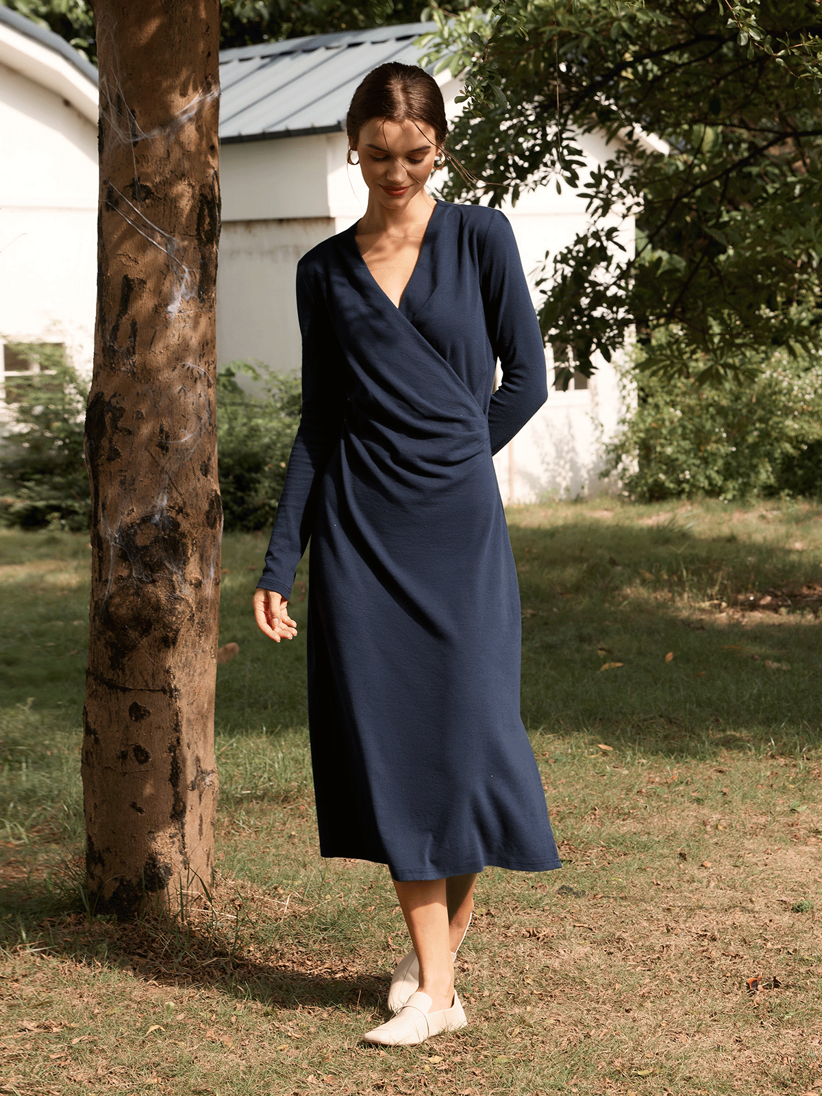 Crossover V-Neck Wrap Stretch Midi Dress MARNIE by LINTICO