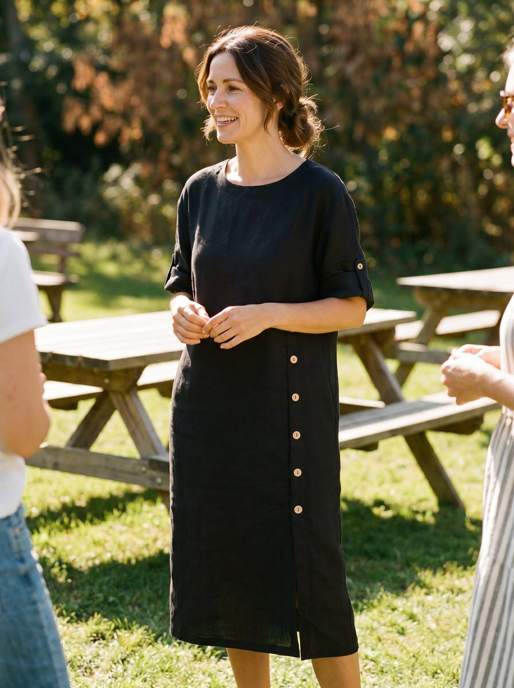 100% Linen Round Neck Button Detail Midi Dress JELENA by LINTICO