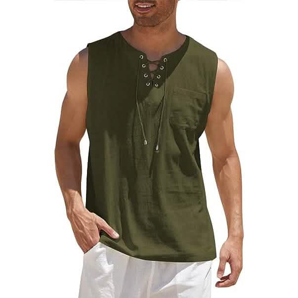 Men's Cotton Linen Tank Top Shirts Casual Sleeveless Lace Up Beach Hippie Tops Bohemian Renaissance Pirate Tunic by DailySale