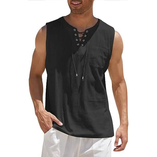 Men's Cotton Linen Tank Top Shirts Casual Sleeveless Lace Up Beach Hippie Tops Bohemian Renaissance Pirate Tunic by DailySale