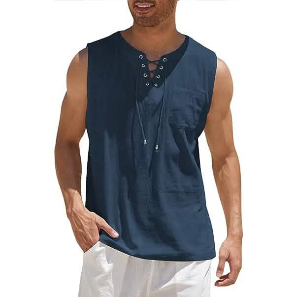 Men's Cotton Linen Tank Top Shirts Casual Sleeveless Lace Up Beach Hippie Tops Bohemian Renaissance Pirate Tunic by DailySale
