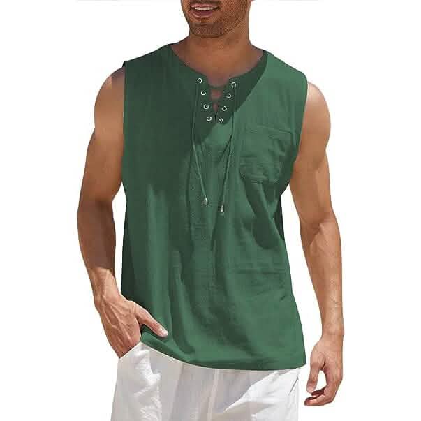 Men's Cotton Linen Tank Top Shirts Casual Sleeveless Lace Up Beach Hippie Tops Bohemian Renaissance Pirate Tunic by DailySale