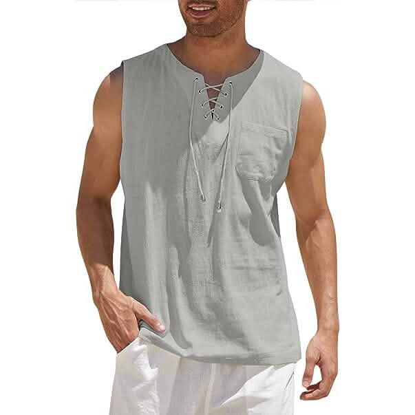 Men's Cotton Linen Tank Top Shirts Casual Sleeveless Lace Up Beach Hippie Tops Bohemian Renaissance Pirate Tunic by DailySale