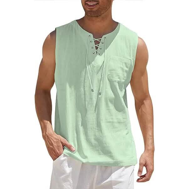 Men's Cotton Linen Tank Top Shirts Casual Sleeveless Lace Up Beach Hippie Tops Bohemian Renaissance Pirate Tunic by DailySale