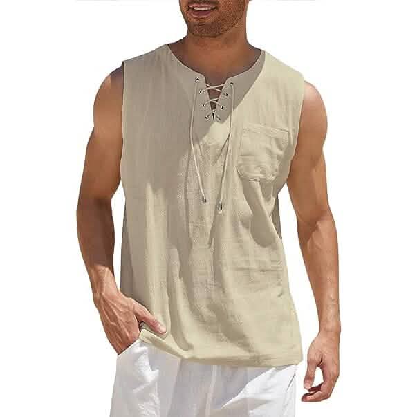 Men's Cotton Linen Tank Top Shirts Casual Sleeveless Lace Up Beach Hippie Tops Bohemian Renaissance Pirate Tunic by DailySale