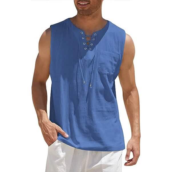 Men's Cotton Linen Tank Top Shirts Casual Sleeveless Lace Up Beach Hippie Tops Bohemian Renaissance Pirate Tunic by DailySale