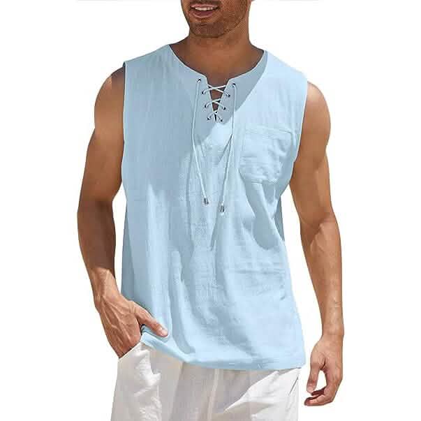 Men's Cotton Linen Tank Top Shirts Casual Sleeveless Lace Up Beach Hippie Tops Bohemian Renaissance Pirate Tunic by DailySale