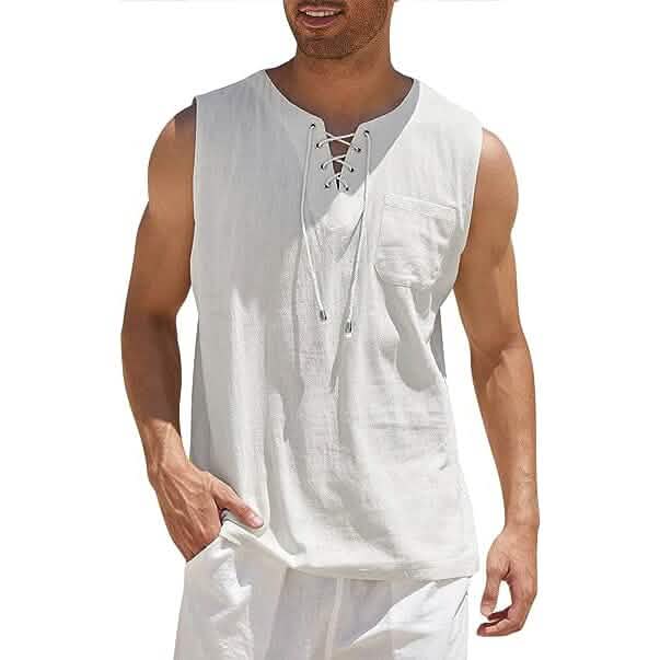 Men's Cotton Linen Tank Top Shirts Casual Sleeveless Lace Up Beach Hippie Tops Bohemian Renaissance Pirate Tunic by DailySale