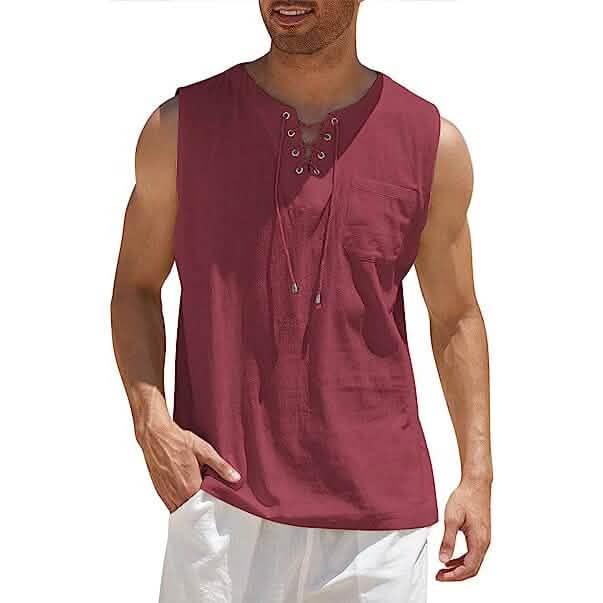 Men's Cotton Linen Tank Top Shirts Casual Sleeveless Lace Up Beach Hippie Tops Bohemian Renaissance Pirate Tunic by DailySale