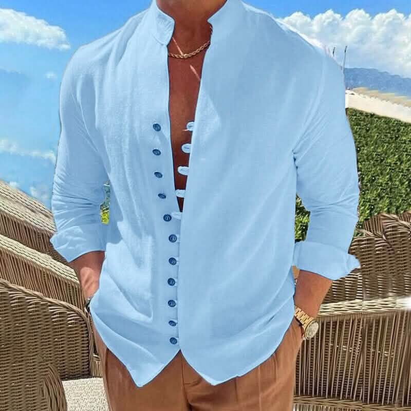 Men's Linen Button Up Shirt Long Sleeve Plain Band Collar by DailySale