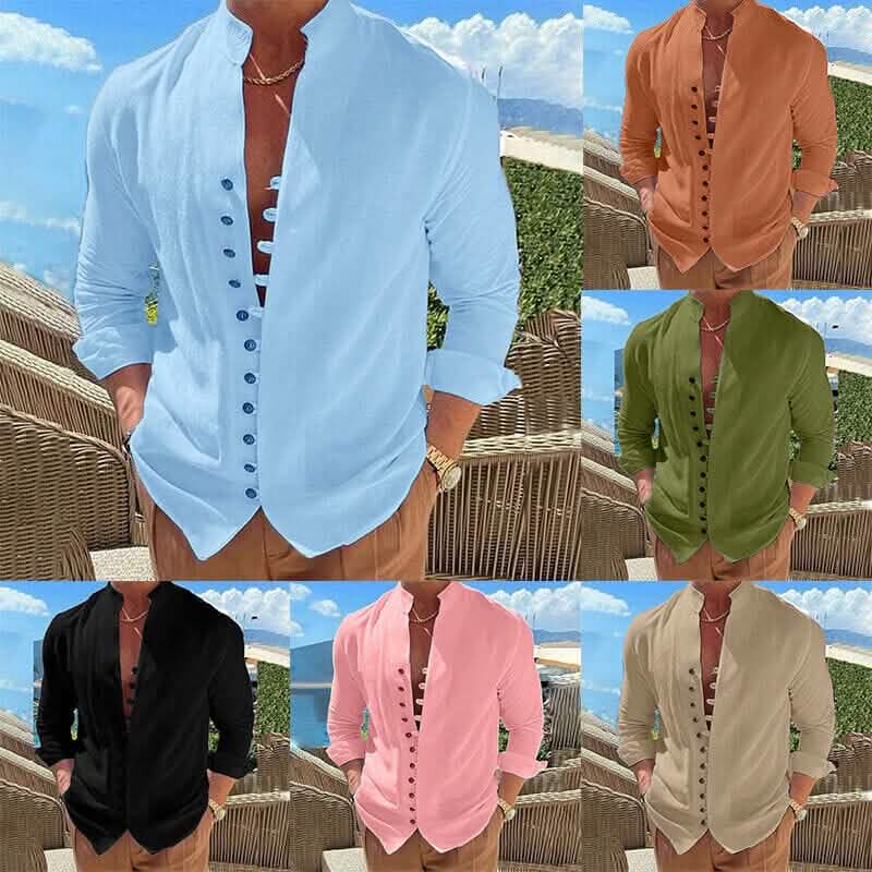 Men's Linen Button Up Shirt Long Sleeve Plain Band Collar by DailySale