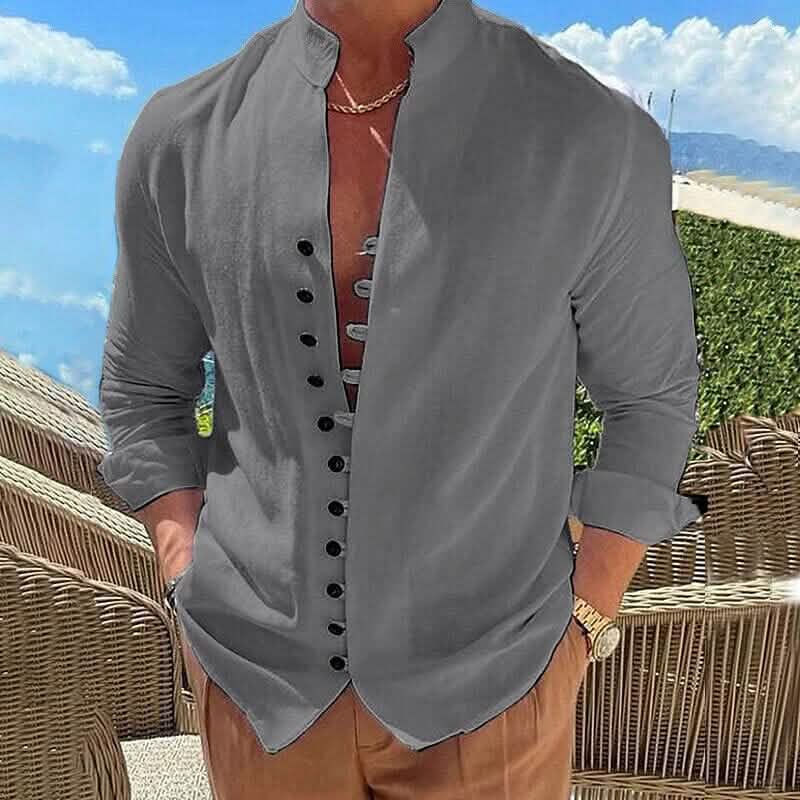 Men's Linen Button Up Shirt Long Sleeve Plain Band Collar by DailySale