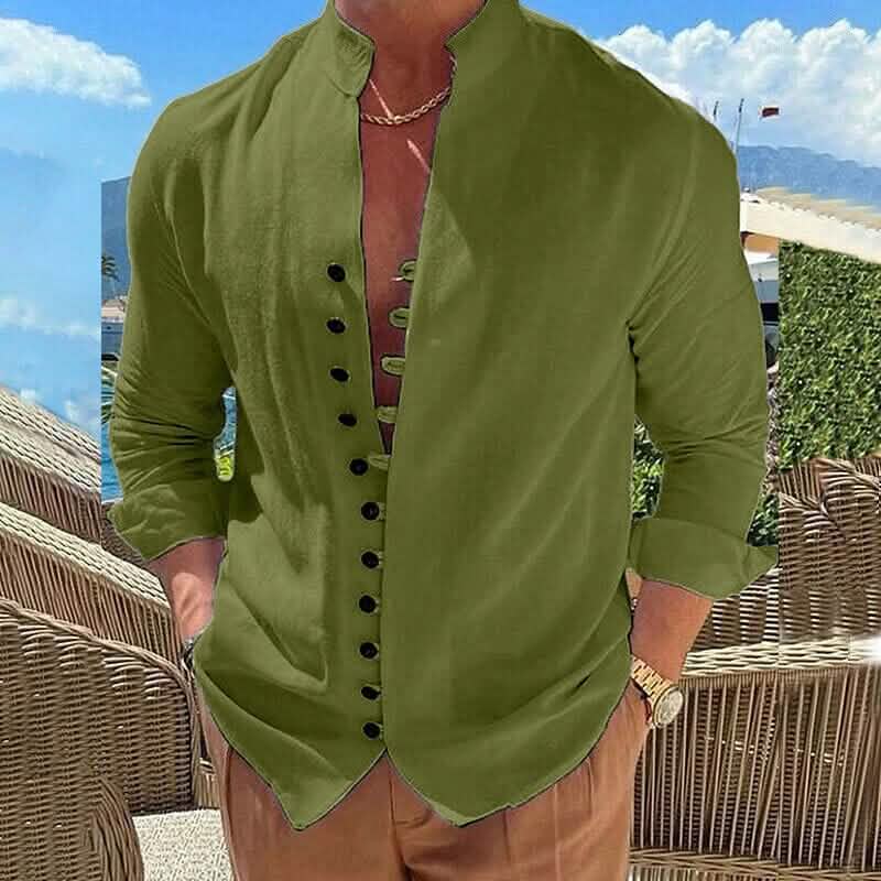 Men's Linen Button Up Shirt Long Sleeve Plain Band Collar by DailySale