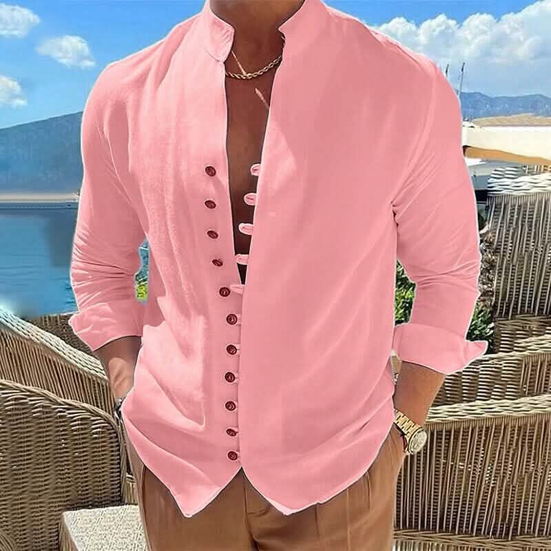 Men's Linen Button Up Shirt Long Sleeve Plain Band Collar by DailySale