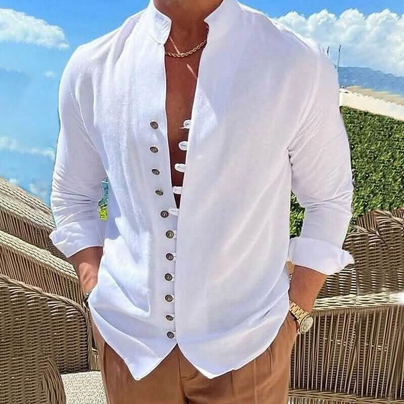 Men's Linen Button Up Shirt Long Sleeve Plain Band Collar by DailySale