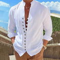 Men's Linen Button Up Shirt Long Sleeve Plain Band Collar by DailySale