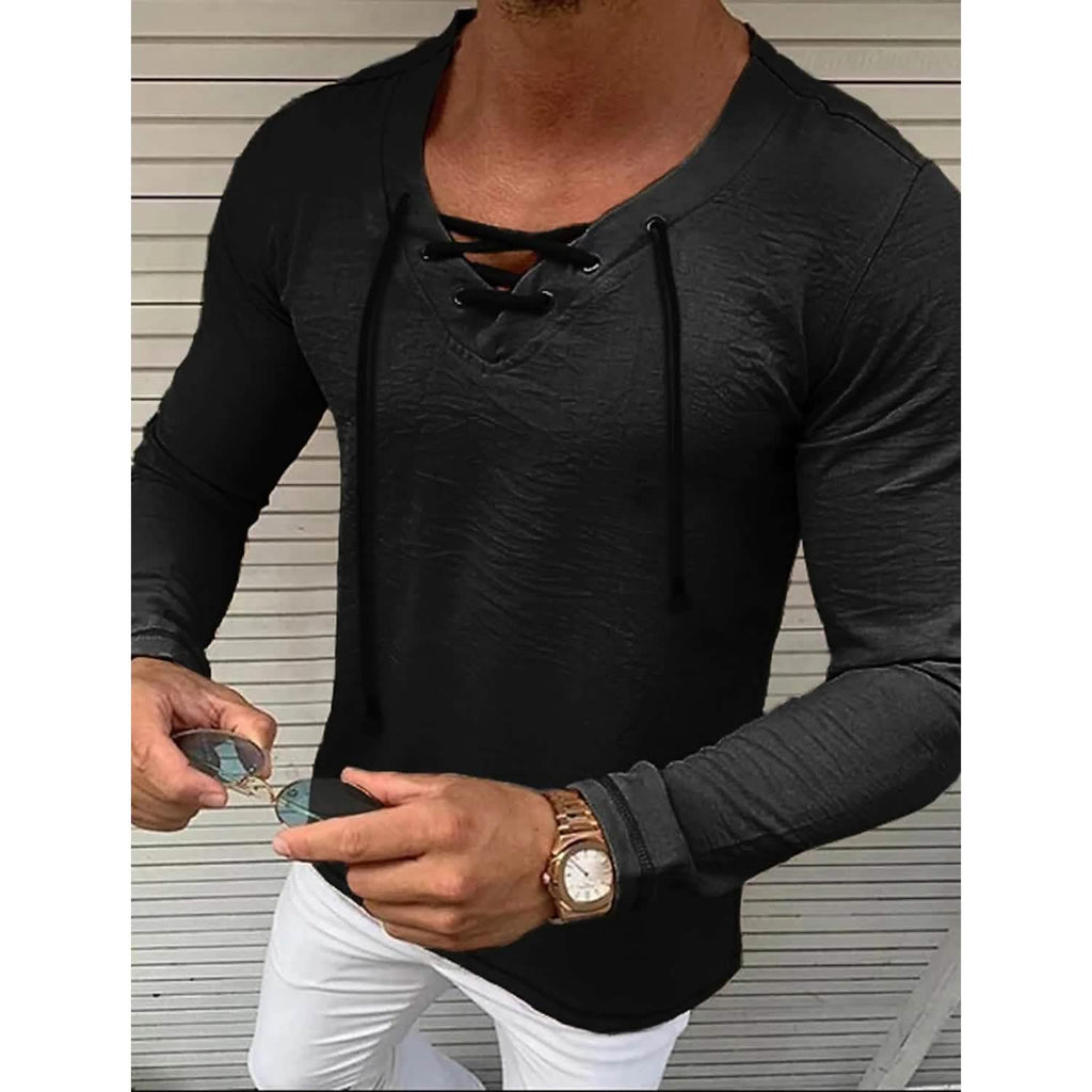 Men's Solid V Neck Long Sleeved Cotton Linen Shirt by DailySale