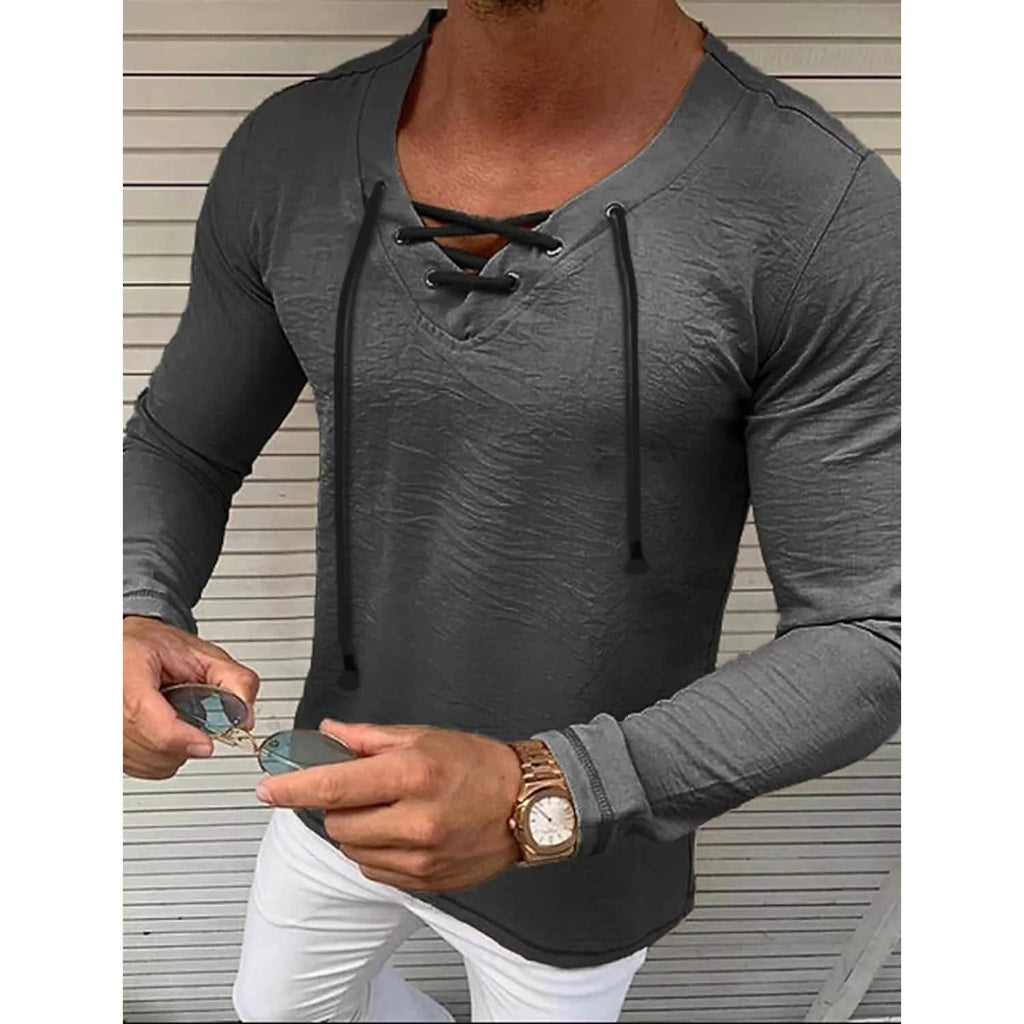 Men's Solid V Neck Long Sleeved Cotton Linen Shirt by DailySale