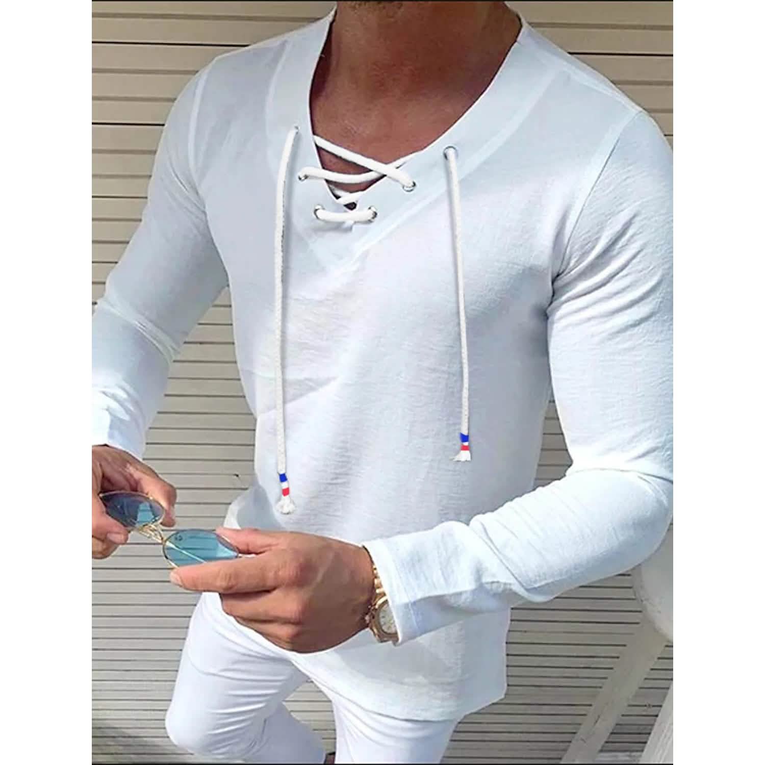 Men's Solid V Neck Long Sleeved Cotton Linen Shirt by DailySale