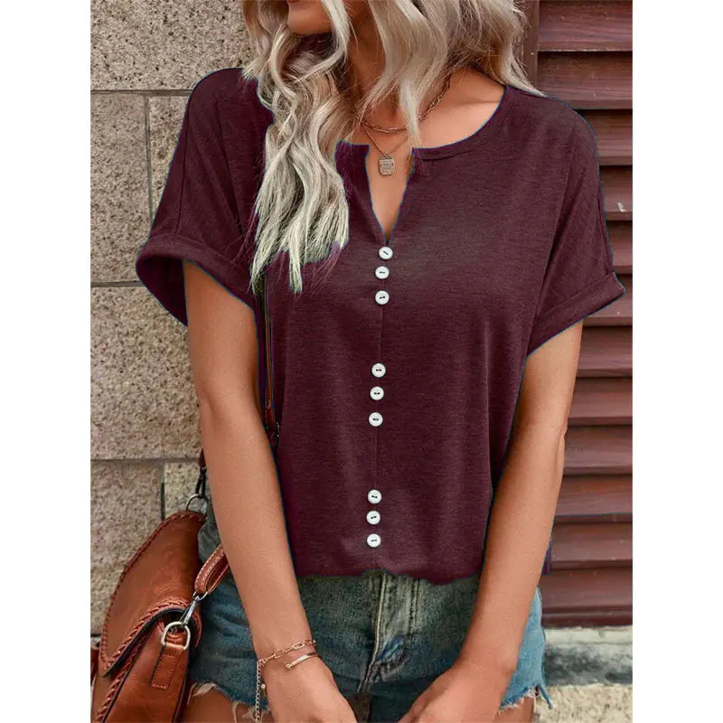 Summer V-neck Short Sleeve Button Design Blouse by Trendy Attic Store01