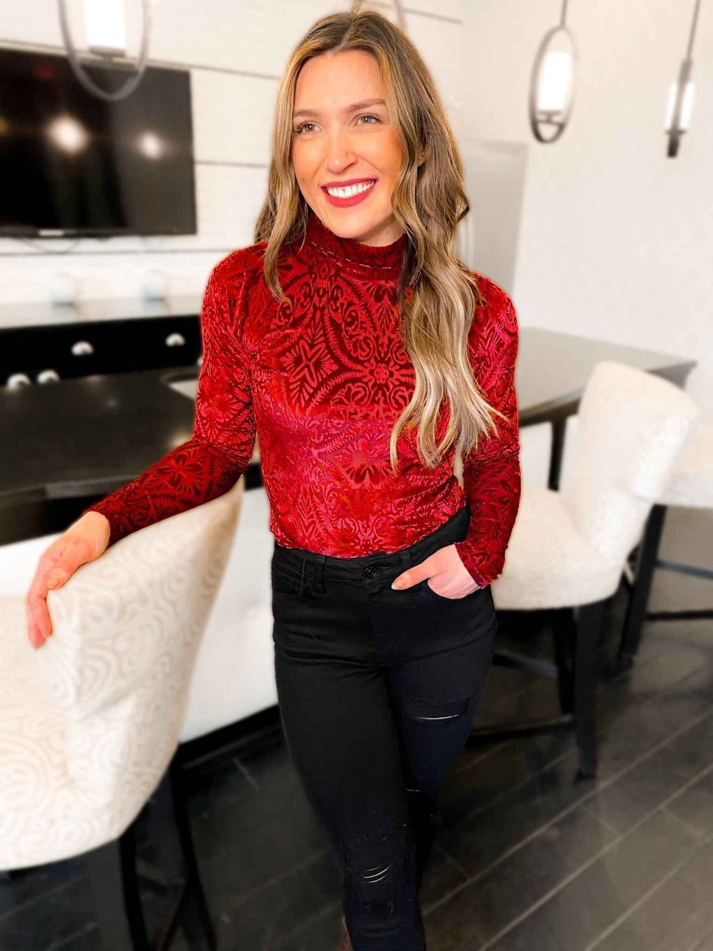 Mila Mesh & Velvet Mockneck Top by Girl Code Couture