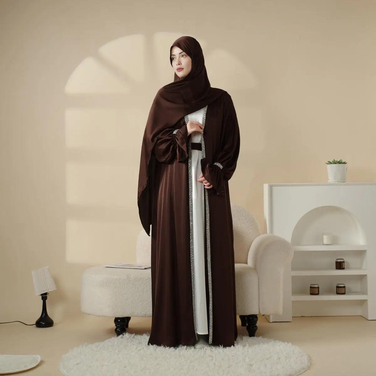 Poet Sleeve Satin Open Abaya With Matching Belt and Hijab (MOA009) by Mariam's Collection