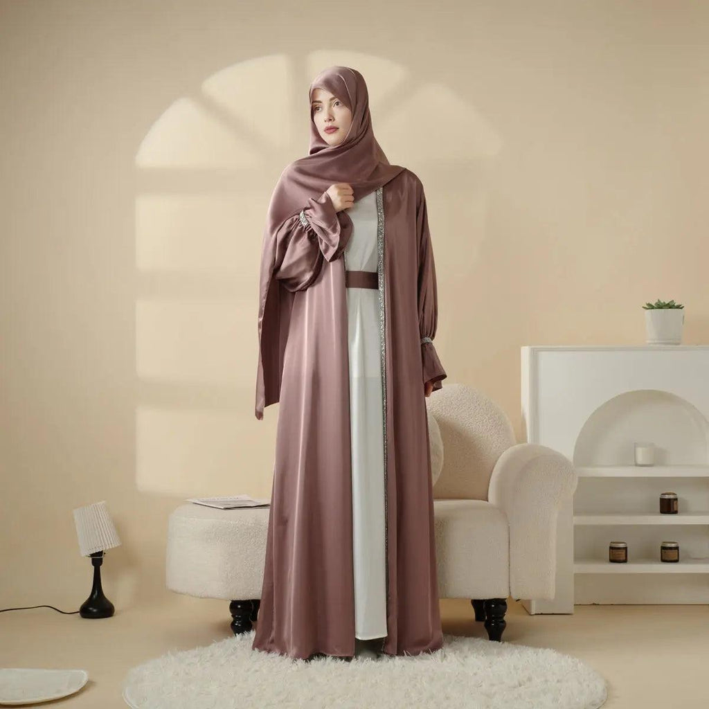 Poet Sleeve Satin Open Abaya With Matching Belt and Hijab (MOA009) by Mariam's Collection